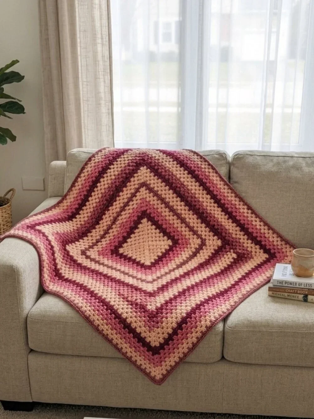 Vintage GRANDMA Square Crochet Knit Throw Blanket Handmade Pink Large